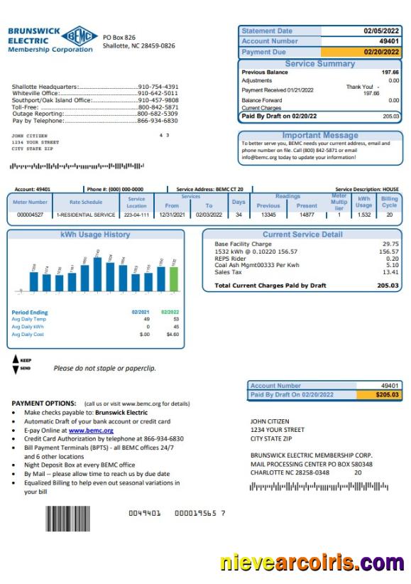 USA North Carolina Brunswick Electric utility bill
